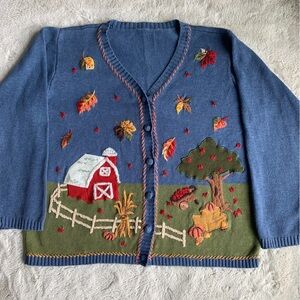 VTG Fall Farmhouse Embroidered Women’s Cardigan Sweater Size Large